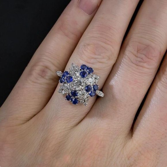 14k White Gold 💎Diamond Sapphire Starburst Dinner Ring, F288 - Picture 12 of 12